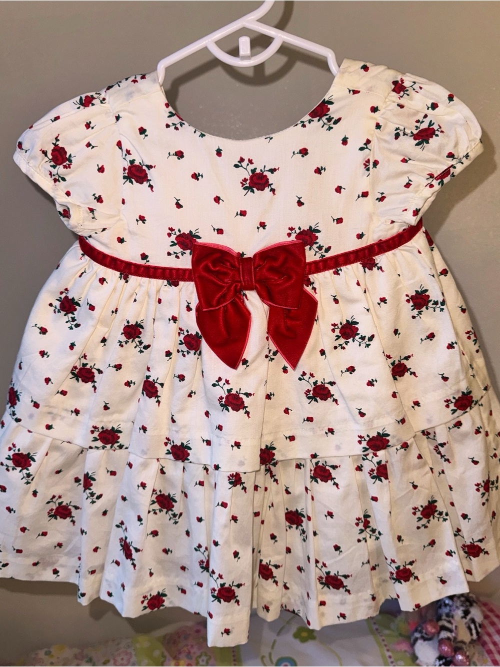 Janie & Jack 12M Dress with Red Rose Print and Red Velvet Bow